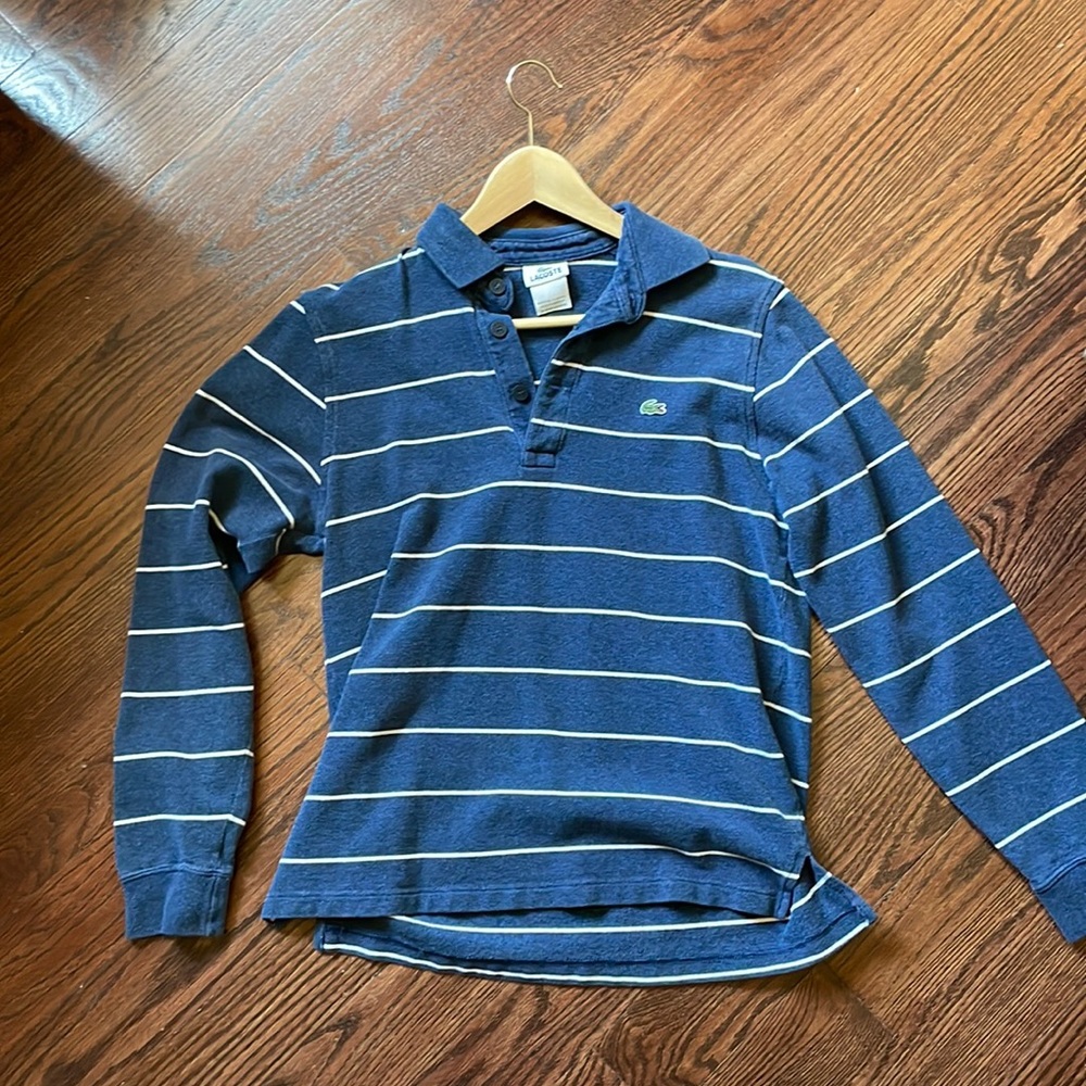 navy and white striped polo